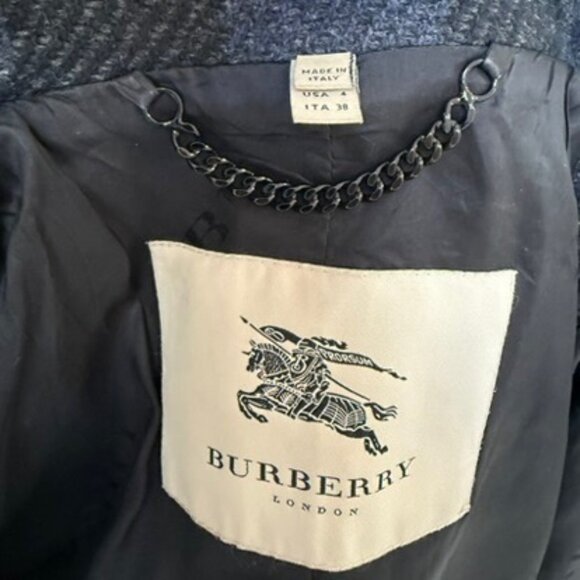 Burberry Long Wool Coat Black Navy Gray Belted Stand Collar Size 4 - Picture 6 of 8
